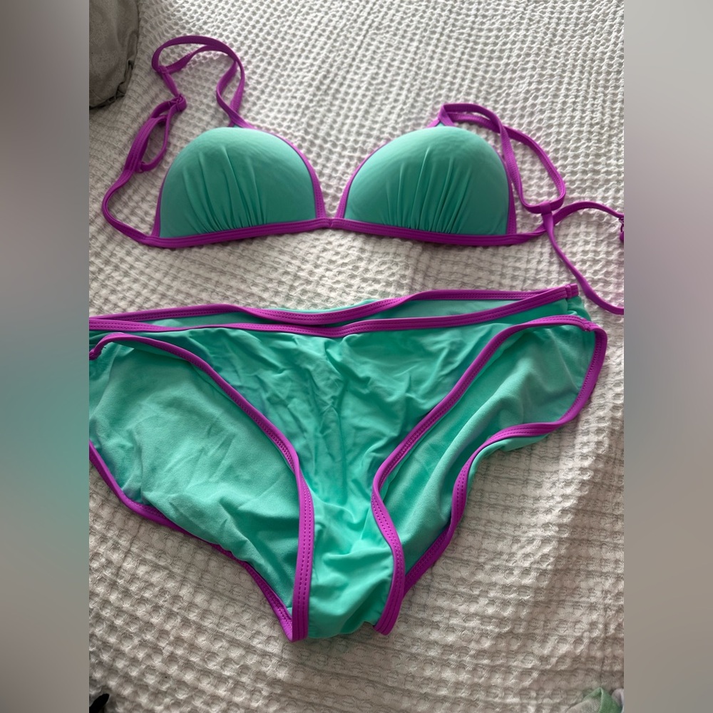 Swimsuit Edition: Women's Mint Green Bikini with Purple Trim - Swim Top & Bottom
